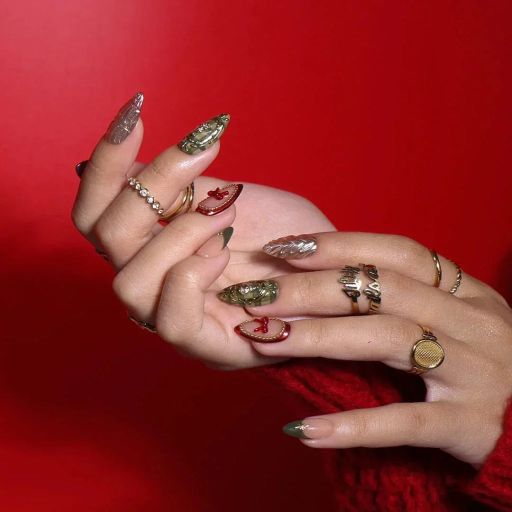 Heirloom Bow Christmas Nude Red Press On Nails