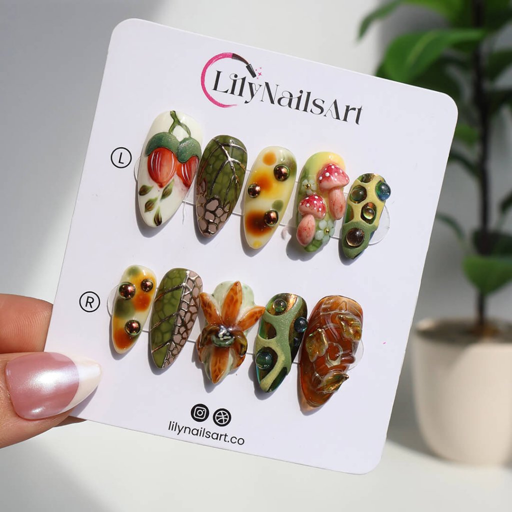 Hidden Wood Floral Botanical Mushroom Brown Green Press On Nails