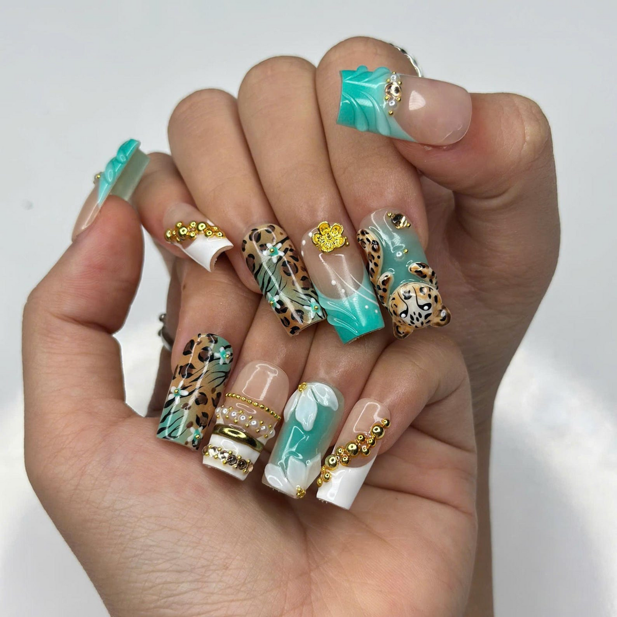 Leopard Print Press On Nails • Nude Teal Animal Print Nail Set Gold • Luxury 3D Cheetah