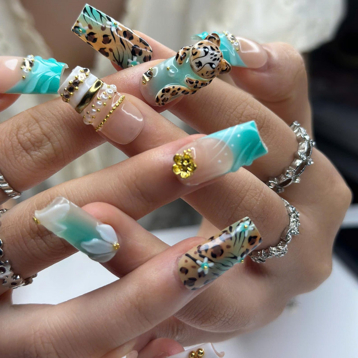 Leopard Print Press On Nails • Nude Teal Animal Print Nail Set Gold • Luxury 3D Cheetah