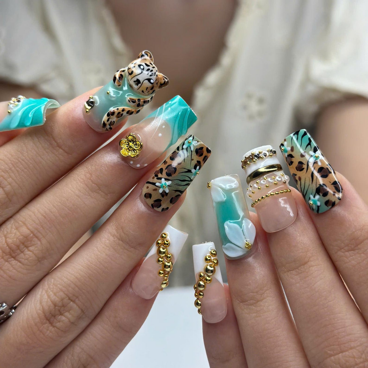 Leopard Print Press On Nails • Nude Teal Animal Print Nail Set Gold • Luxury 3D Cheetah