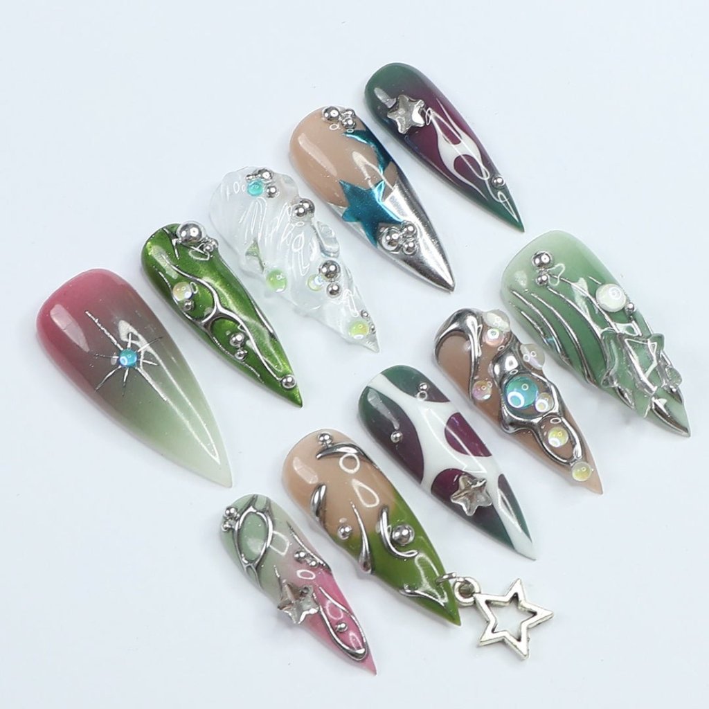 Hymn to the Night Tortoiseshell Gothic Metallic Green Press On Nails