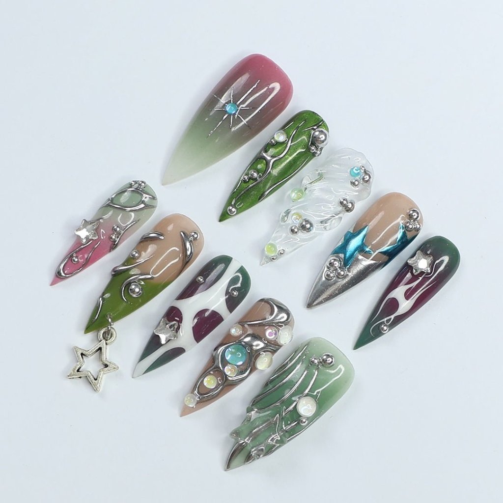 Hymn to the Night Tortoiseshell Gothic Metallic Green Press On Nails