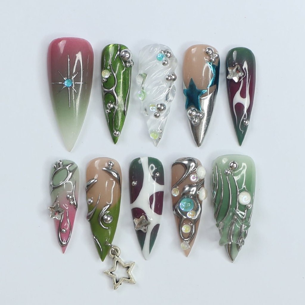 Hymn to the Night Tortoiseshell Gothic Metallic Green Press On Nails