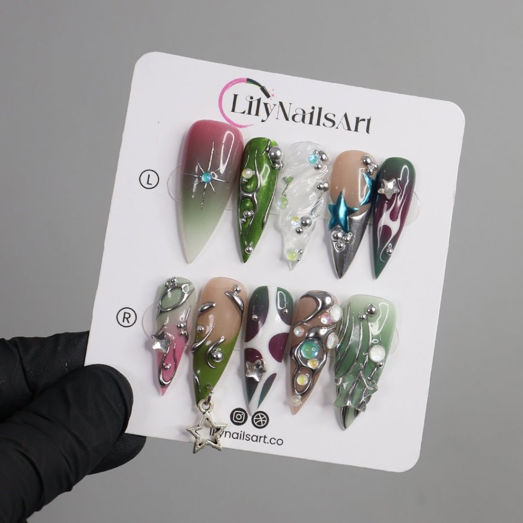 Hymn to the Night Tortoiseshell Gothic Metallic Green Press On Nails