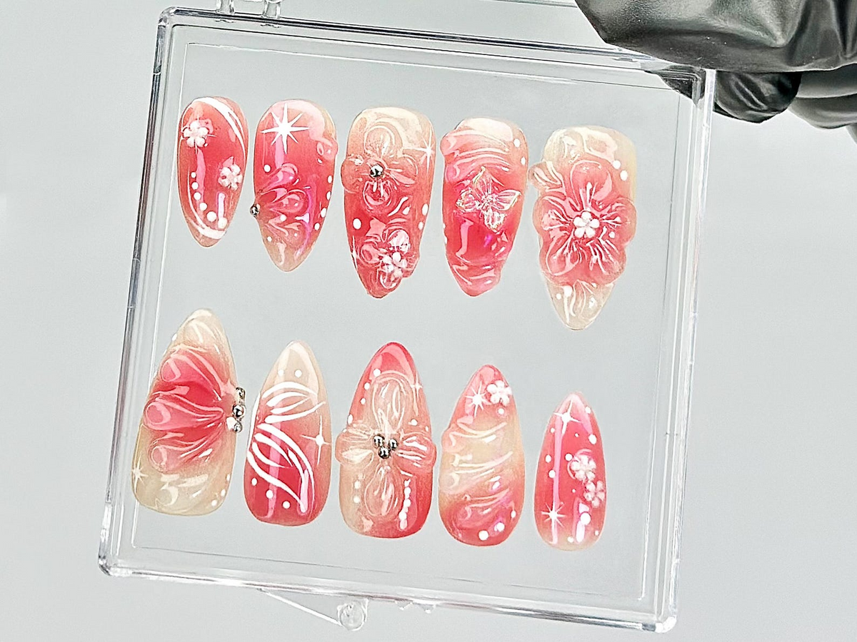 Blossom Spring Press On Nails By DoryNailsSakura Pink Spring Fake NailsRomantic Floral Acrylic Nails Spring Inspired Nail ArtOB813YT