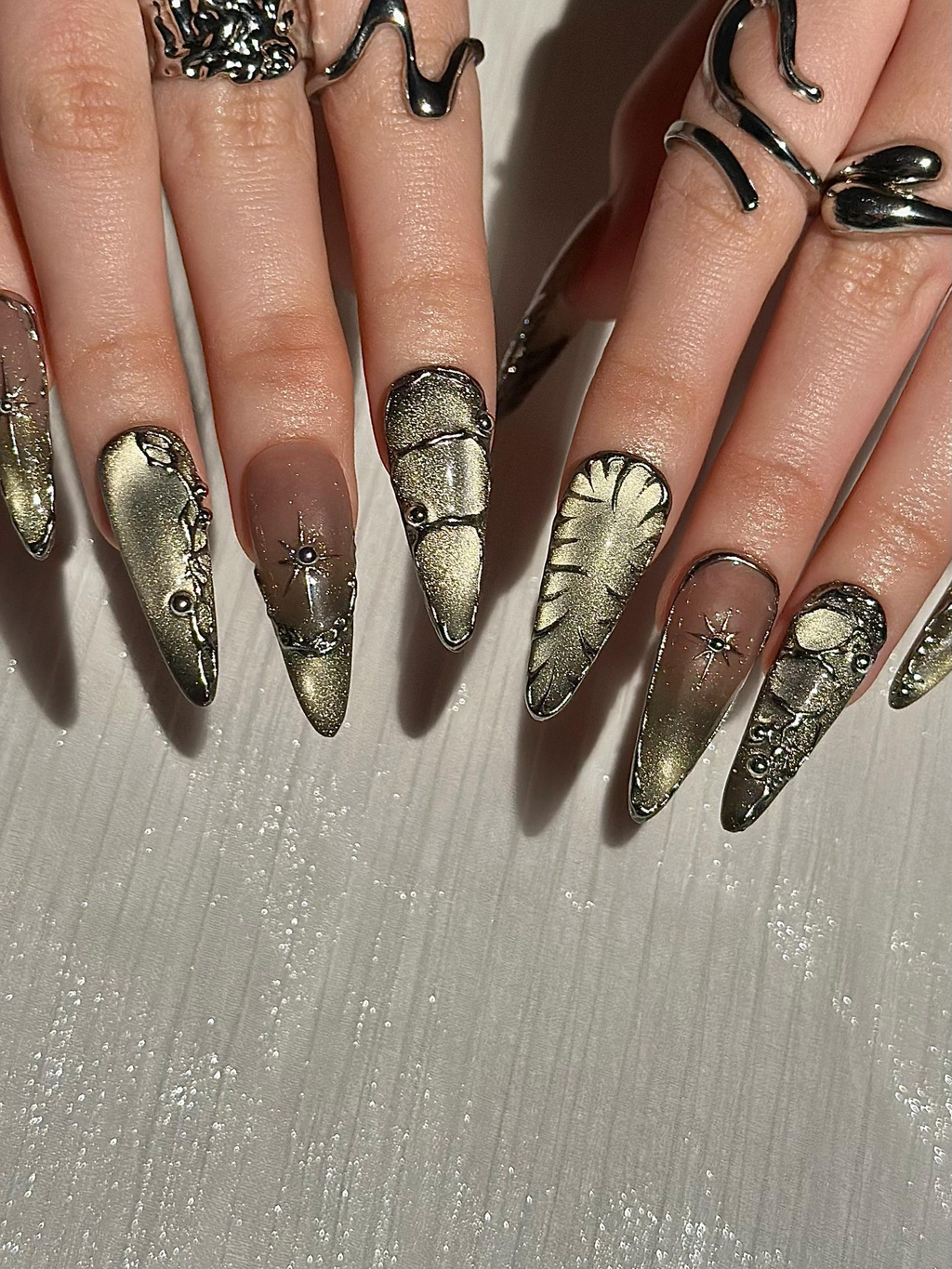 Gothic Celestial Press On Nails, Dark Cat Eye Galaxy Nails with Silver Stars, Edgy