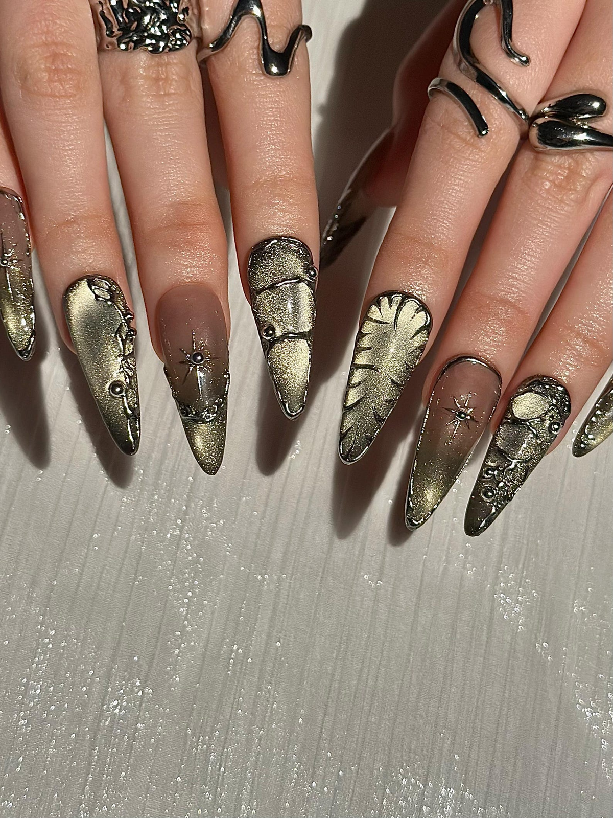 Gothic Celestial Press On Nails, Dark Cat Eye Galaxy Nails with Silver Stars, Edgy