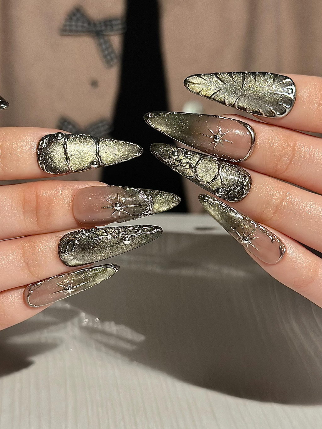 Gothic Celestial Press On Nails, Dark Cat Eye Galaxy Nails with Silver Stars, Edgy
