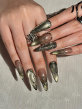 Gothic Celestial Press On Nails, Dark Cat Eye Galaxy Nails with Silver Stars, Edgy