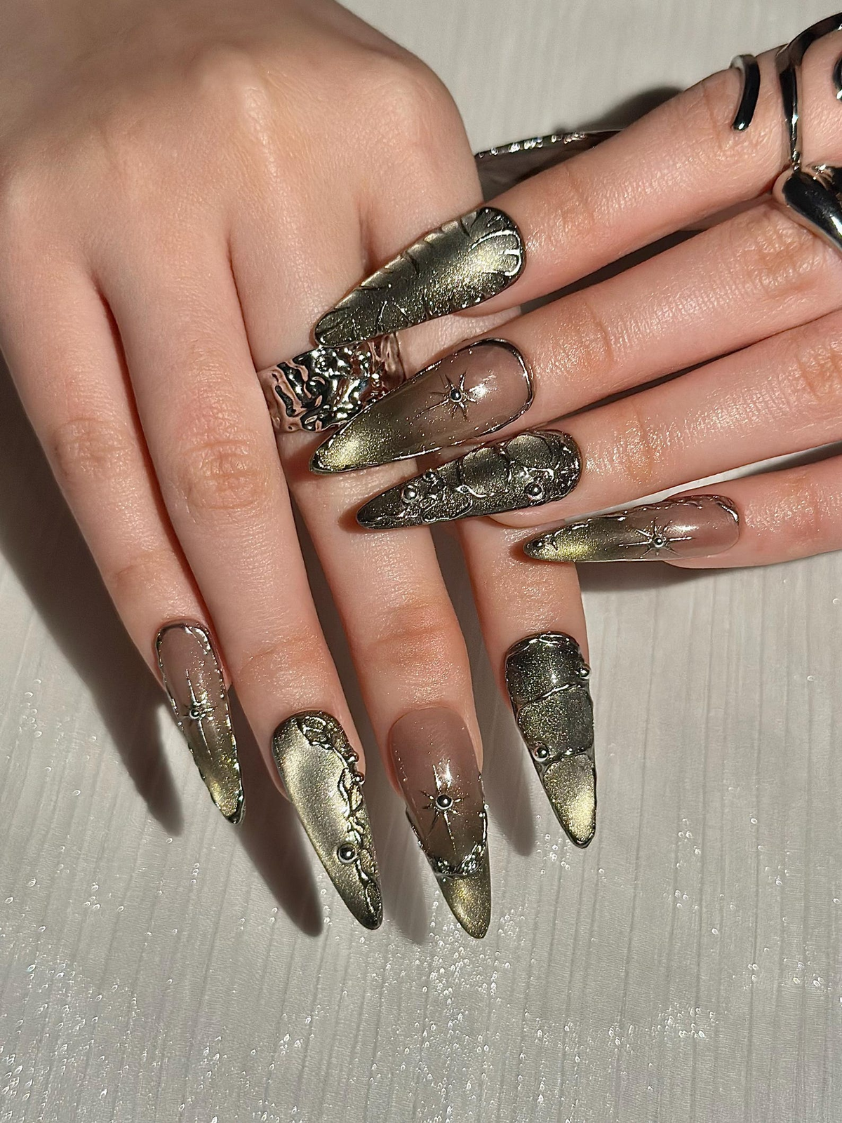 Gothic Celestial Press On Nails, Dark Cat Eye Galaxy Nails with Silver Stars, Edgy