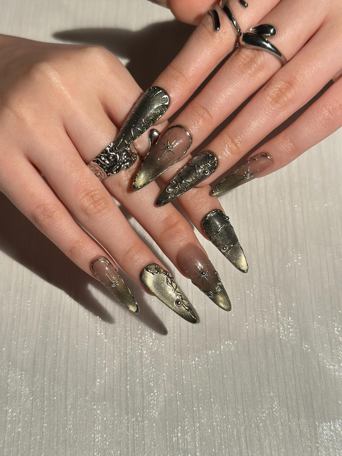 Gothic Celestial Press On Nails, Dark Cat Eye Galaxy Nails with Silver Stars, Edgy