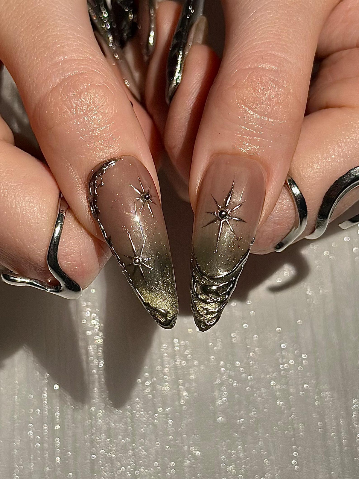 Gothic Celestial Press On Nails, Dark Cat Eye Galaxy Nails with Silver Stars, Edgy