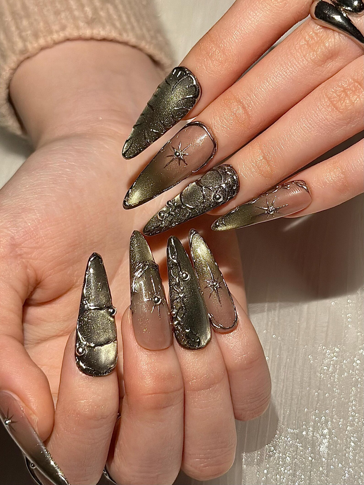 Gothic Celestial Press On Nails, Dark Cat Eye Galaxy Nails with Silver Stars, Edgy