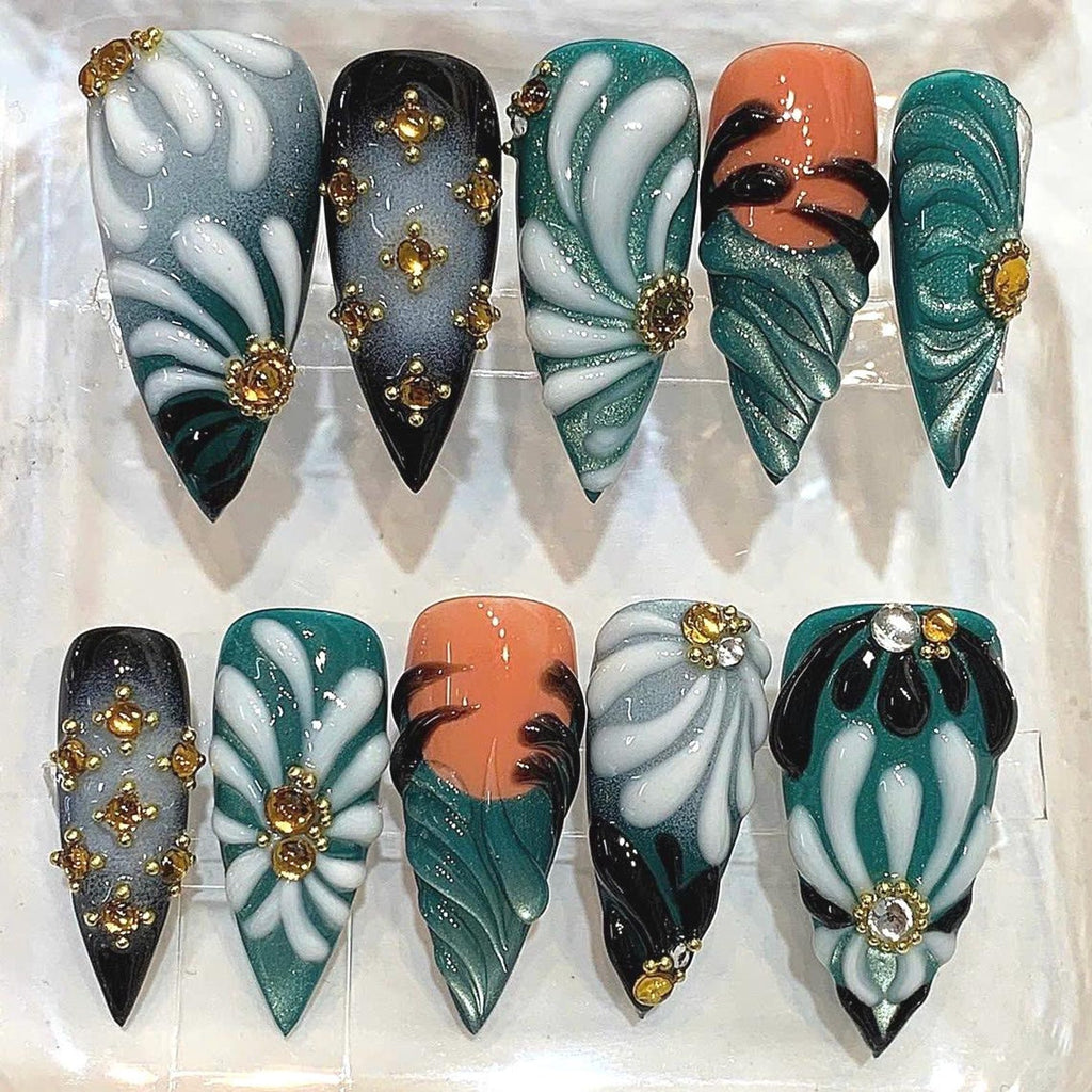 Emerald Green Stiletto Press On Nails | Tropical Leaf Gold Gem Textured Ombre Set