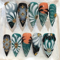 Emerald Green Stiletto Press On Nails | Tropical Leaf Gold Gem Textured Ombre Set