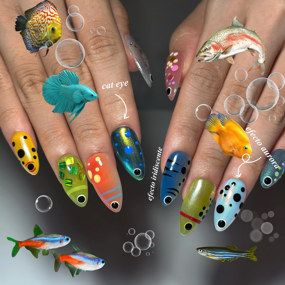 Summer Alien Eye Chrome Press On Nails, Summer Short Almond Abstract Nails, Beach Party
