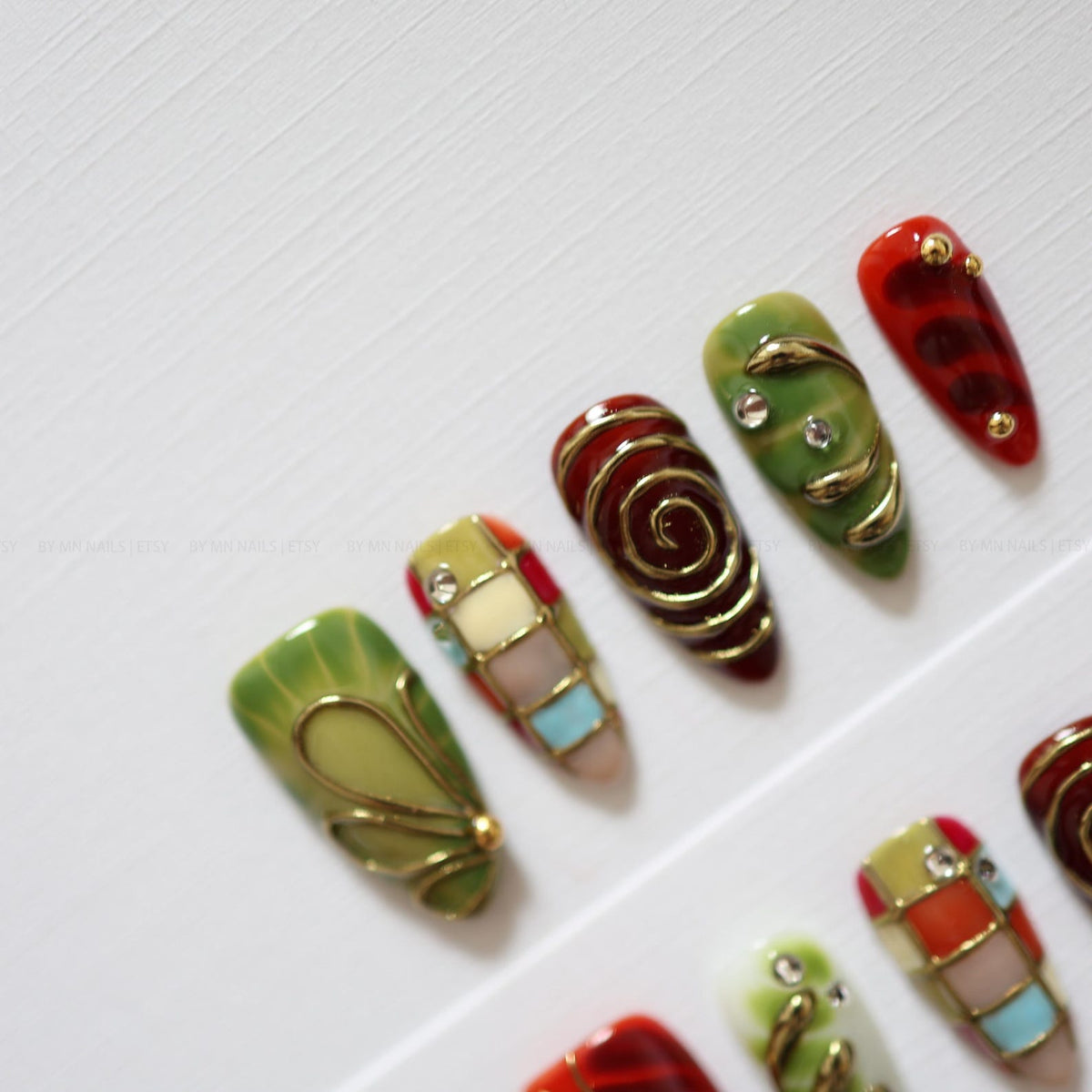 Stained Glass Floral Press On Nails | Red and Olive Green Nails, Gold Swirls, Rhinestone Accents, Handmade Vintage Nail Set