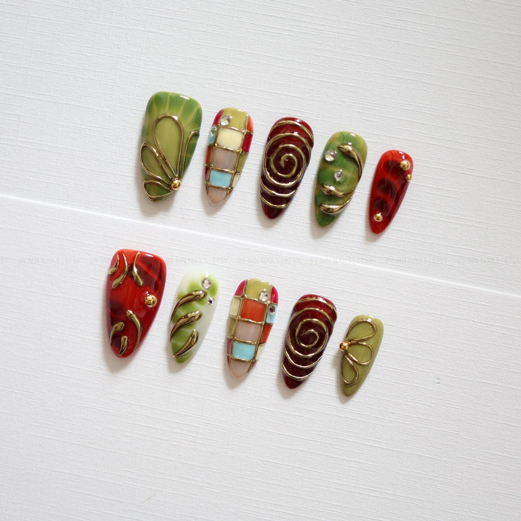 Stained Glass Floral Press On Nails | Red and Olive Green Nails, Gold Swirls, Rhinestone Accents, Handmade Vintage Nail Set