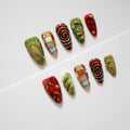Stained Glass Floral Press On Nails | Red and Olive Green Nails, Gold Swirls, Rhinestone Accents, Handmade Vintage Nail Set