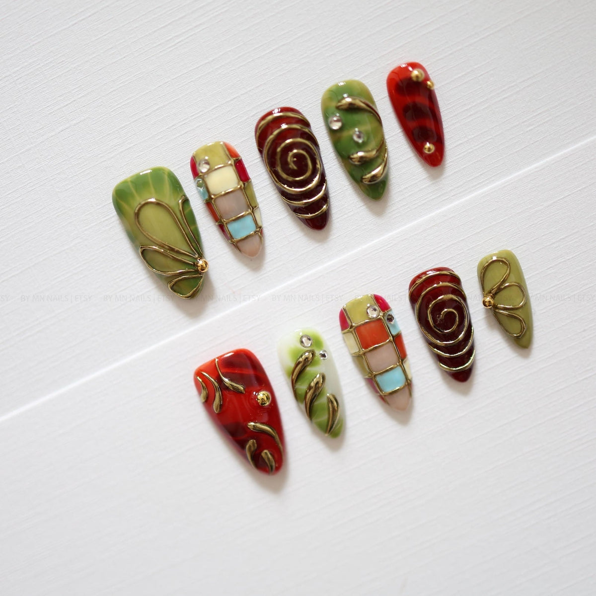 Stained Glass Floral Press On Nails | Red and Olive Green Nails, Gold Swirls, Rhinestone Accents, Handmade Vintage Nail Set