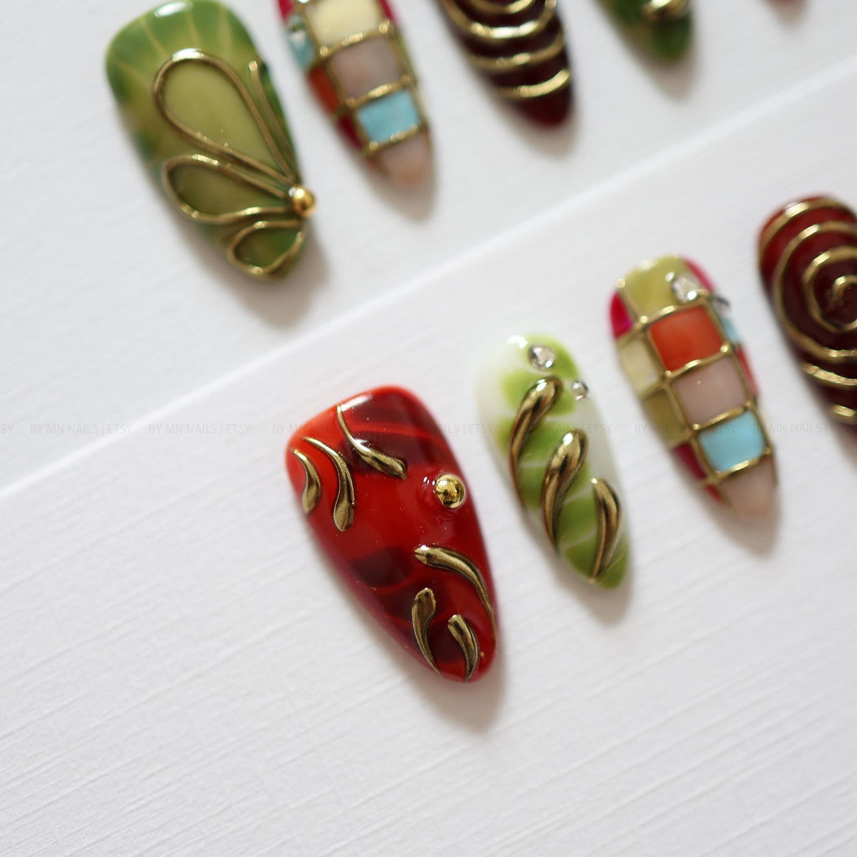 Stained Glass Floral Press On Nails | Red and Olive Green Nails, Gold Swirls, Rhinestone Accents, Handmade Vintage Nail Set