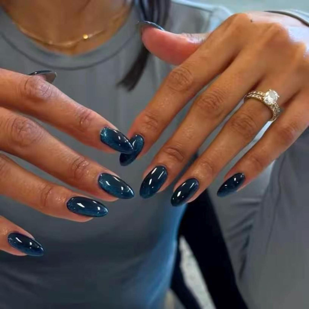 Midnight Sapphire Press On Nails – Navy Cat Eye Nails, Dark Blue Nails, Glossy Minimal Press On Nails, Luxury Almond Nails, Handmade Gel Set