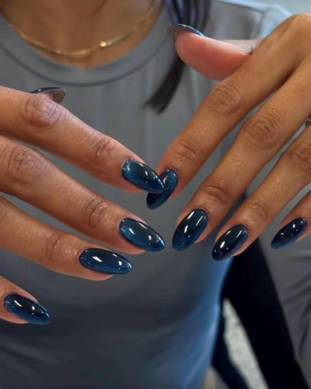 Midnight Sapphire Press On Nails – Navy Cat Eye Nails, Dark Blue Nails, Glossy Minimal Press On Nails, Luxury Almond Nails, Handmade Gel Set