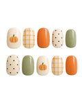 Fall Pumpkin Press On Nails | Orange Plaid Nails | Sage Green Nails | Polka Dot Nails | Autumn Thanksgiving Nails | Cozy Fall Press Ons