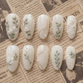 Botanical Leaf Press On Nails, Hand Painted Floral Pearl White False Nails Bridal