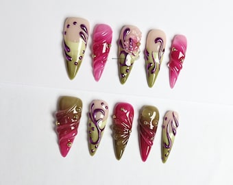 Stained Glass Floral Press On Nails | Red and Olive Green Nails, Gold Swirls, Rhinestone Accents, Handmade Vintage Nail Set