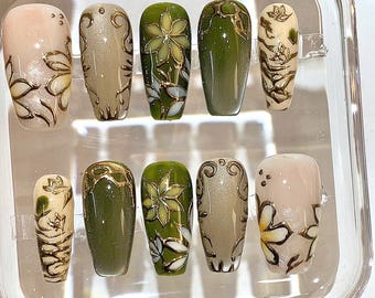 Emerald Green Stiletto Press On Nails | Tropical Leaf Gold Gem Textured Ombre Set
