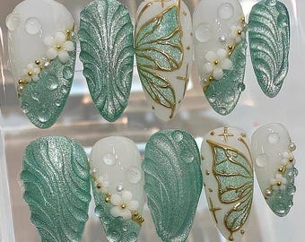 Emerald Green Stiletto Press On Nails | Tropical Leaf Gold Gem Textured Ombre Set