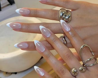 Midnight Sapphire Press On Nails – Navy Cat Eye Nails, Dark Blue Nails, Glossy Minimal Press On Nails, Luxury Almond Nails, Handmade Gel Set