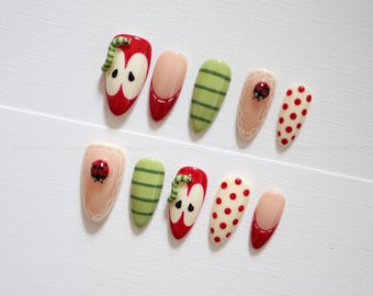 Stained Glass Floral Press On Nails | Red and Olive Green Nails, Gold Swirls, Rhinestone Accents, Handmade Vintage Nail Set