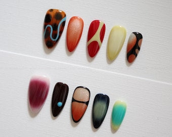 Stained Glass Floral Press On Nails | Red and Olive Green Nails, Gold Swirls, Rhinestone Accents, Handmade Vintage Nail Set