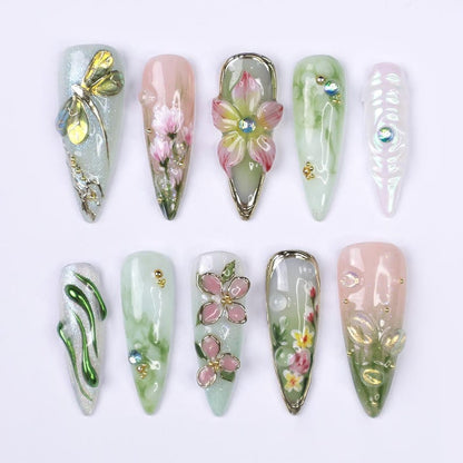 Press On Nails Dragonfly with Pink Flower