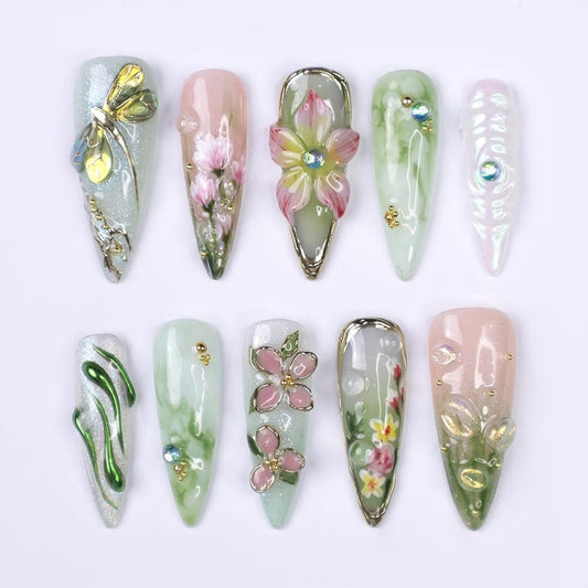 Press On Nails Dragonfly with Pink Flower