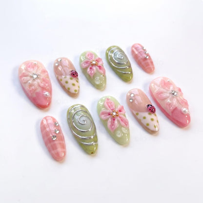 Pink 3D Flower Press On Nails, Short Almond Nails