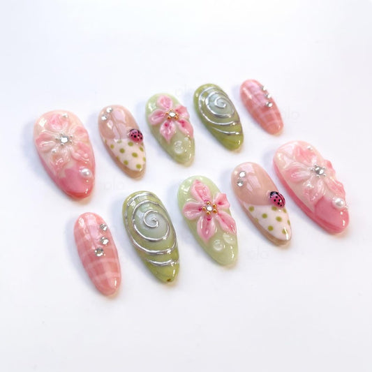 Pink 3D Flower Press On Nails, Short Almond Nails