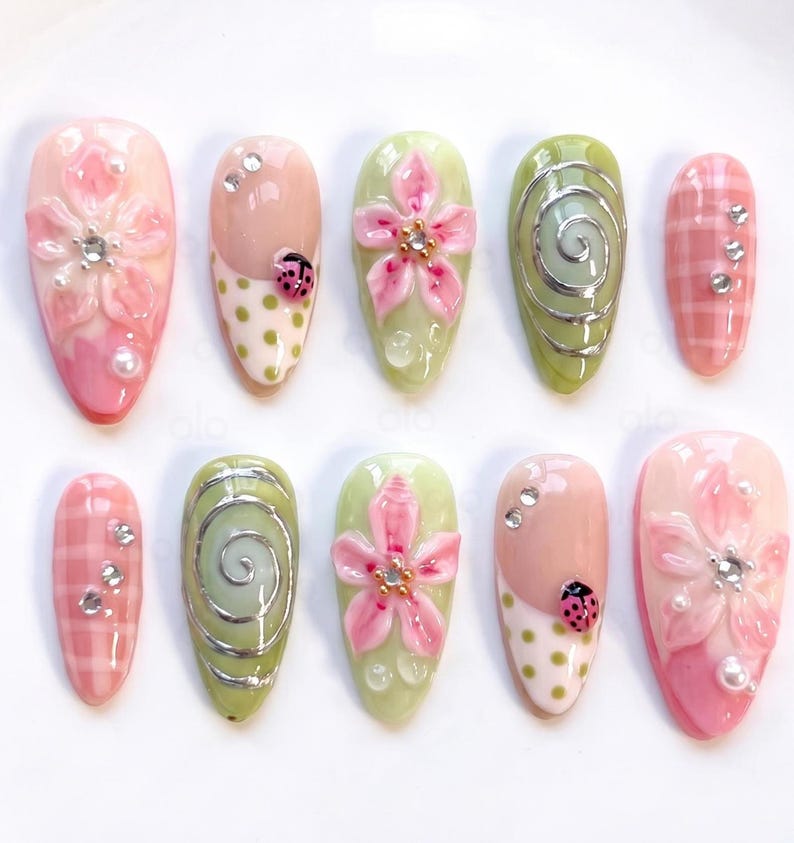 Pink 3D Flower Press On Nails, Short Almond Nails