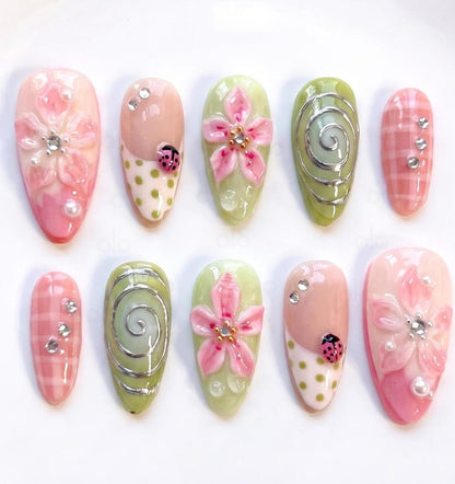 Pink 3D Flower Press On Nails, Short Almond Nails