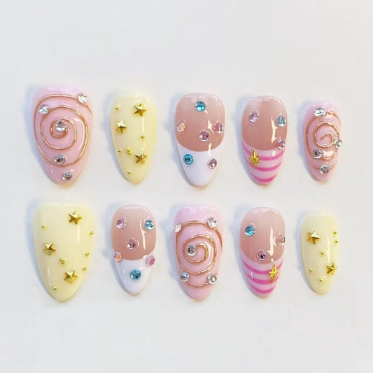 Pink Yellow Swirl Star Nails