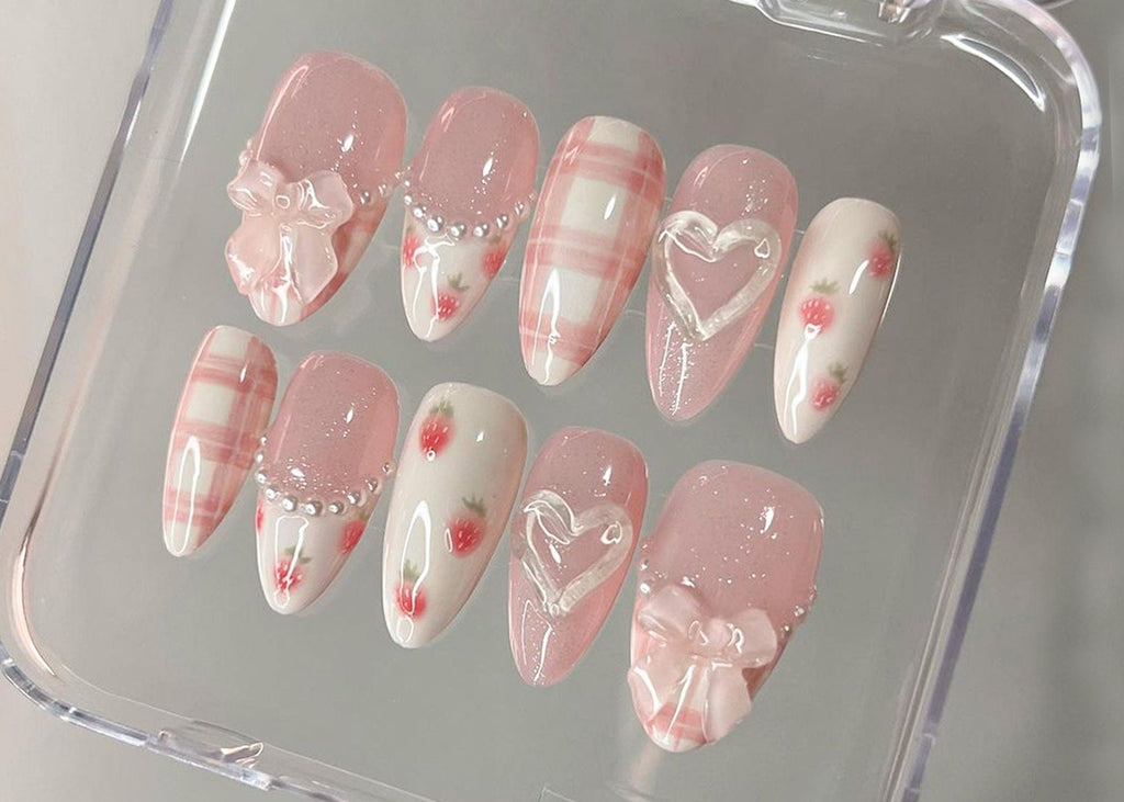 Dreamy Pink Press On Nails, Nail Set With Strawberry Design, Cute Bow and Heart Nail