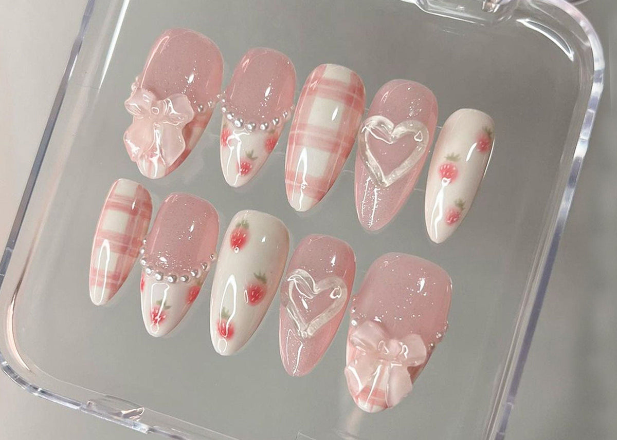 Dreamy Pink Press On Nails, Nail Set With Strawberry Design, Cute Bow and Heart Nail