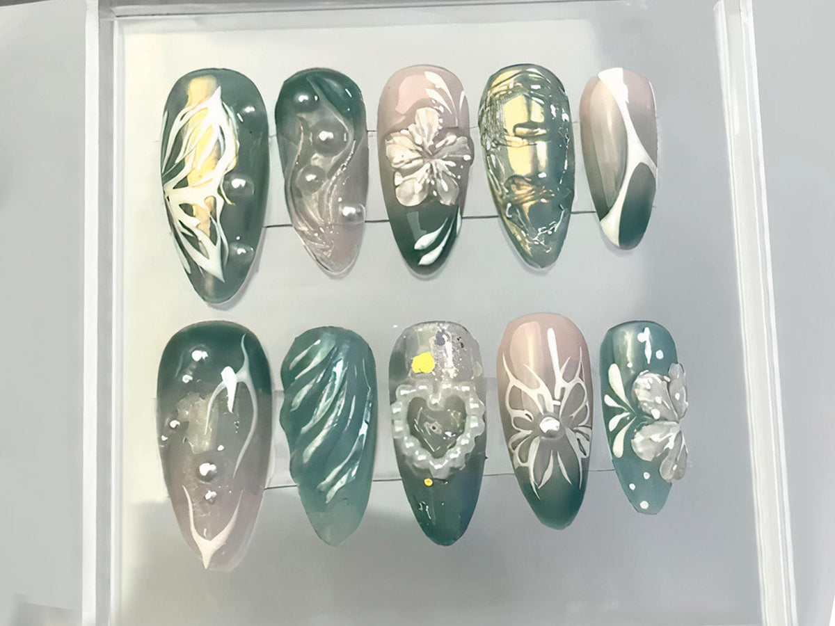 Delicate Blooms Press On Nails, Heart-shaped Pearl Charms On Fake Nails, Green Leaf