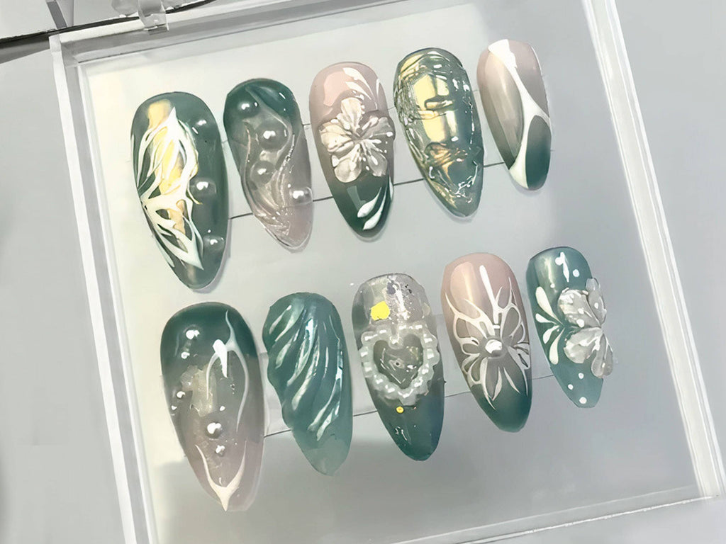 Delicate Blooms Press On Nails, Heart-shaped Pearl Charms On Fake Nails, Green Leaf