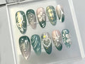 Delicate Blooms Press On Nails, Heart-shaped Pearl Charms On Fake Nails, Green Leaf