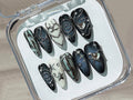 Stunning Acubi-Style Nails, Deep Blue Ombre Press On Nails, Sparkling Gemstones, Almond