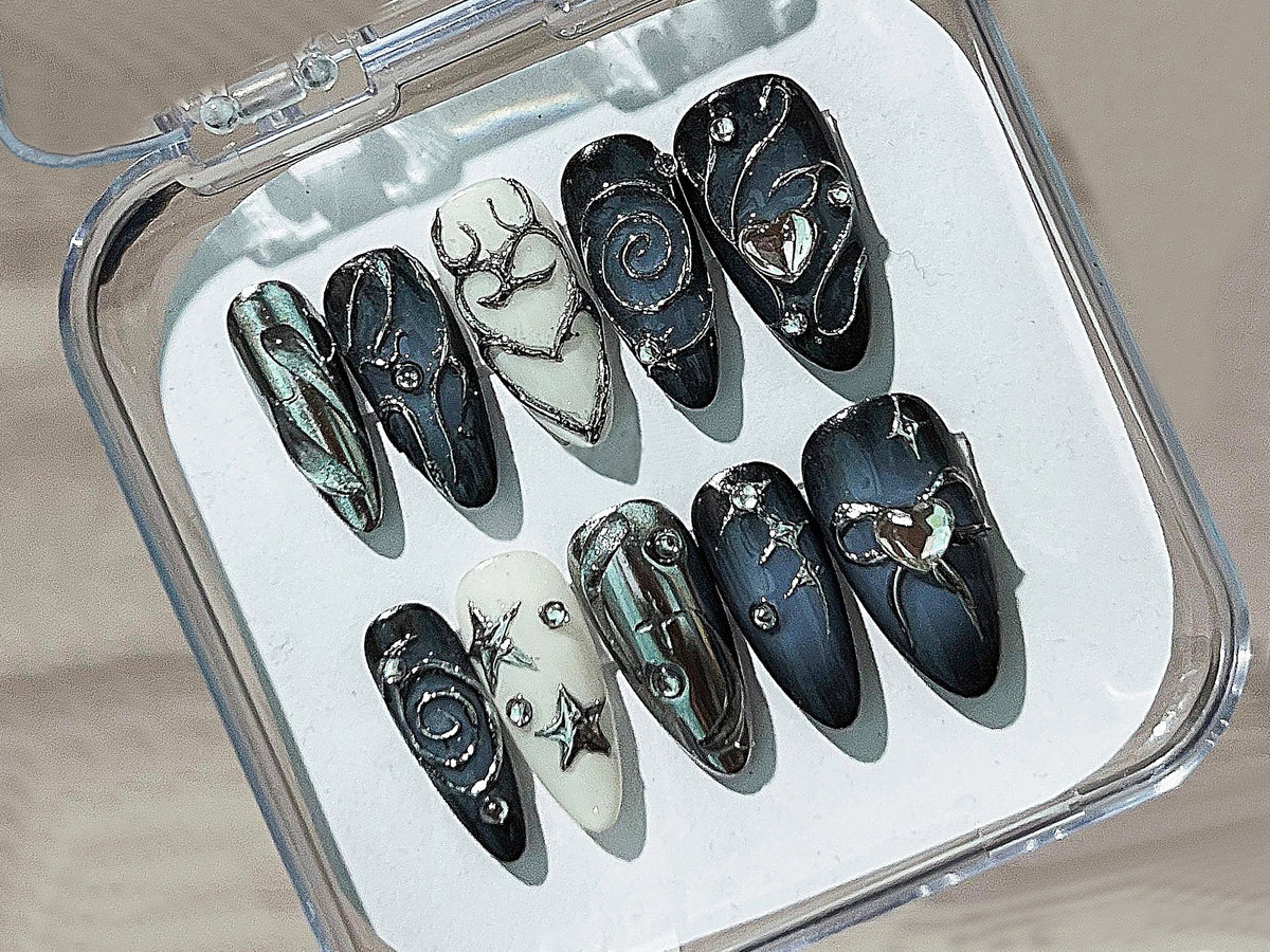 Stunning Acubi-Style Nails, Deep Blue Ombre Press On Nails, Sparkling Gemstones, Almond